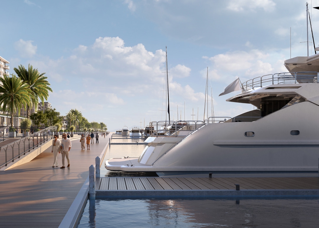 Luxury yachts at Mina Rashid marina with elegant boardwalk and palm trees