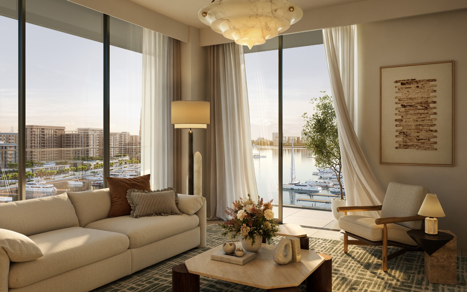 Luxury interior living room with panoramic marina views at EMAAR Mina Rashid Dubai - Designer furniture and floor-to-ceiling windows